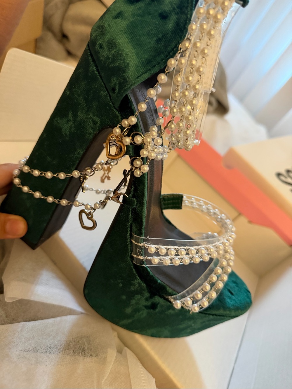 Sugar Thrillz Emerald Green Velvet Pearl-Embellished Platform Heels